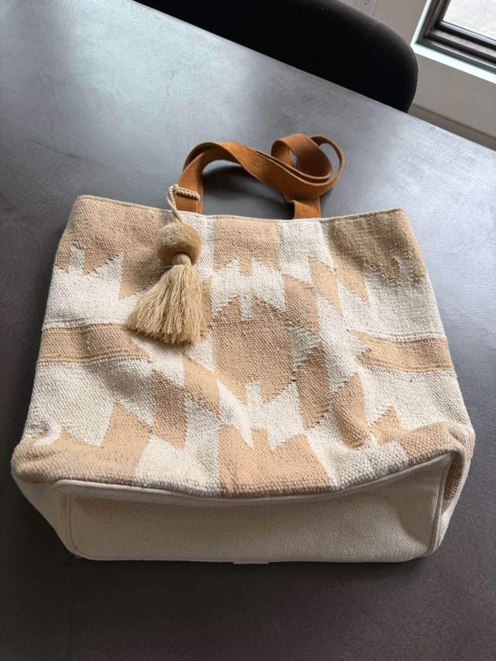 Panache Beige & Cream Geometric Tote with Tassel